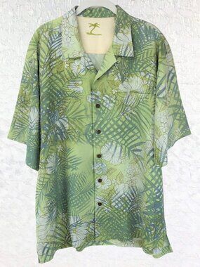 Kohala 100% Silk Short Sleeve Hawaiian Shirt Green Tropical Print Design Size L